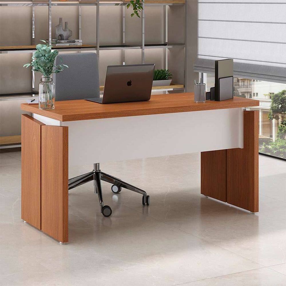 mesa de escritório lane freijó e branca 145 cm