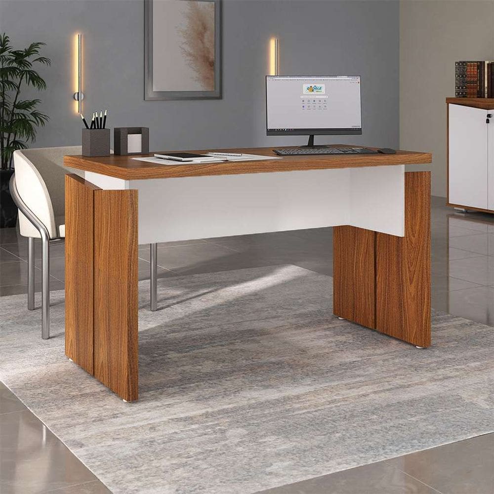 mesa de escritório lane freijó e branca 125 cm