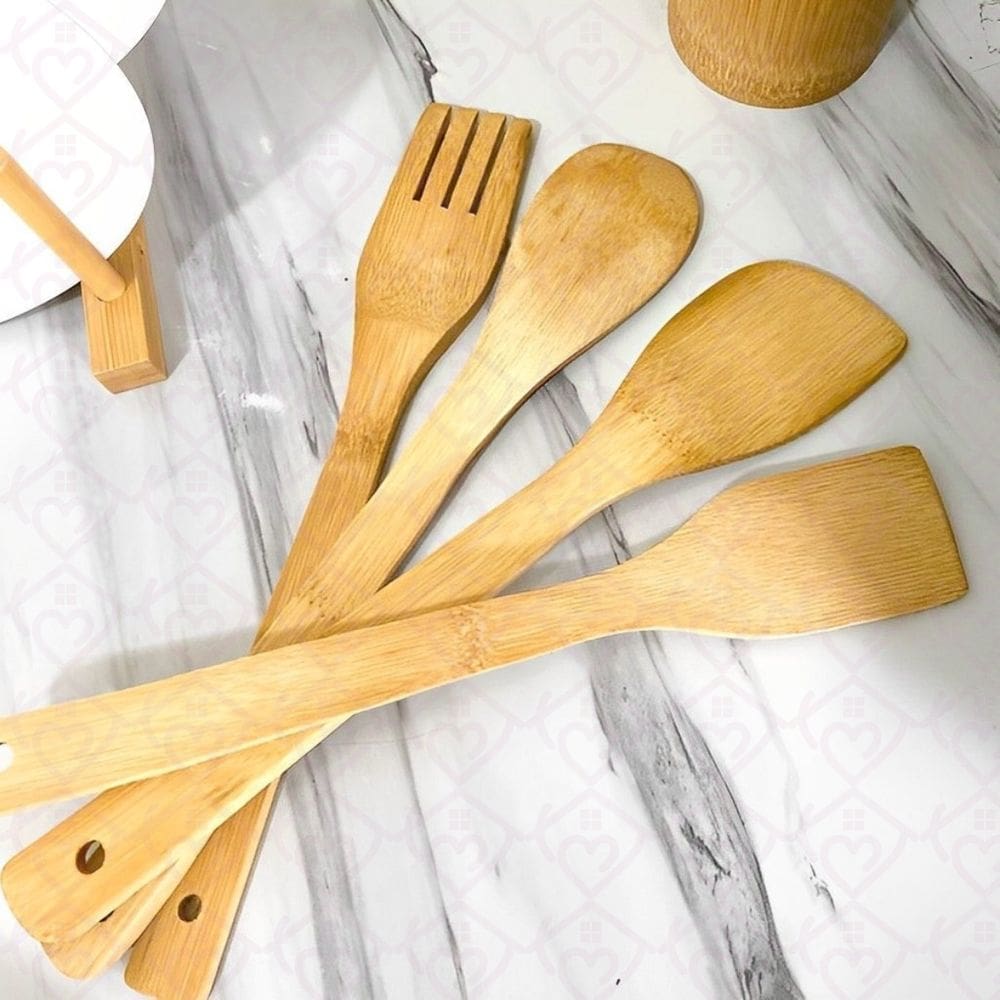 Jogo De Porta Talheres + Colher De Bambu Cozinha 5 Peça