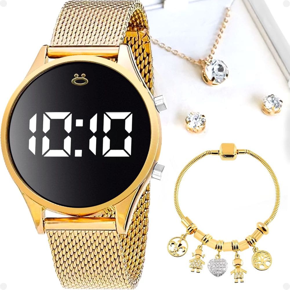 relogio feminino digital dourado + pulseira + colar + brinco