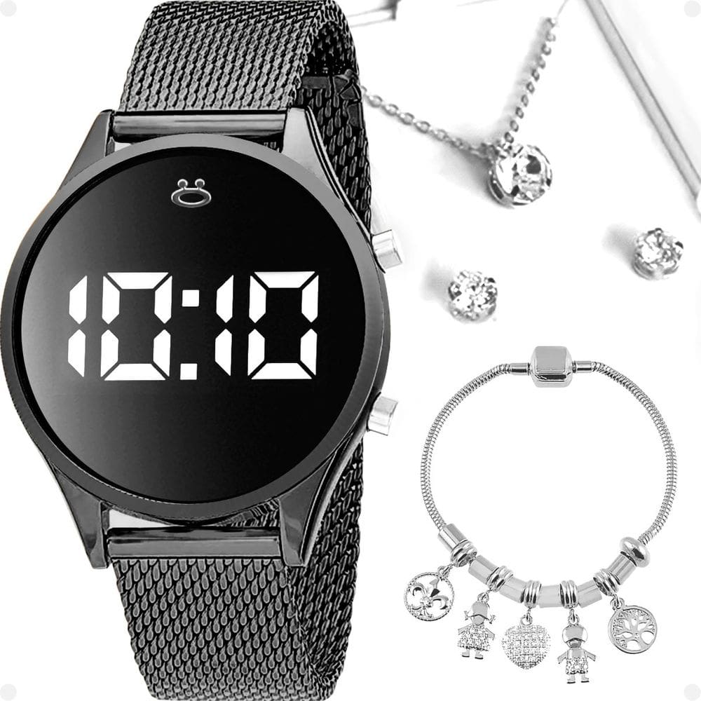 relogio feminino digital aço preto + colar + brincos + caixa