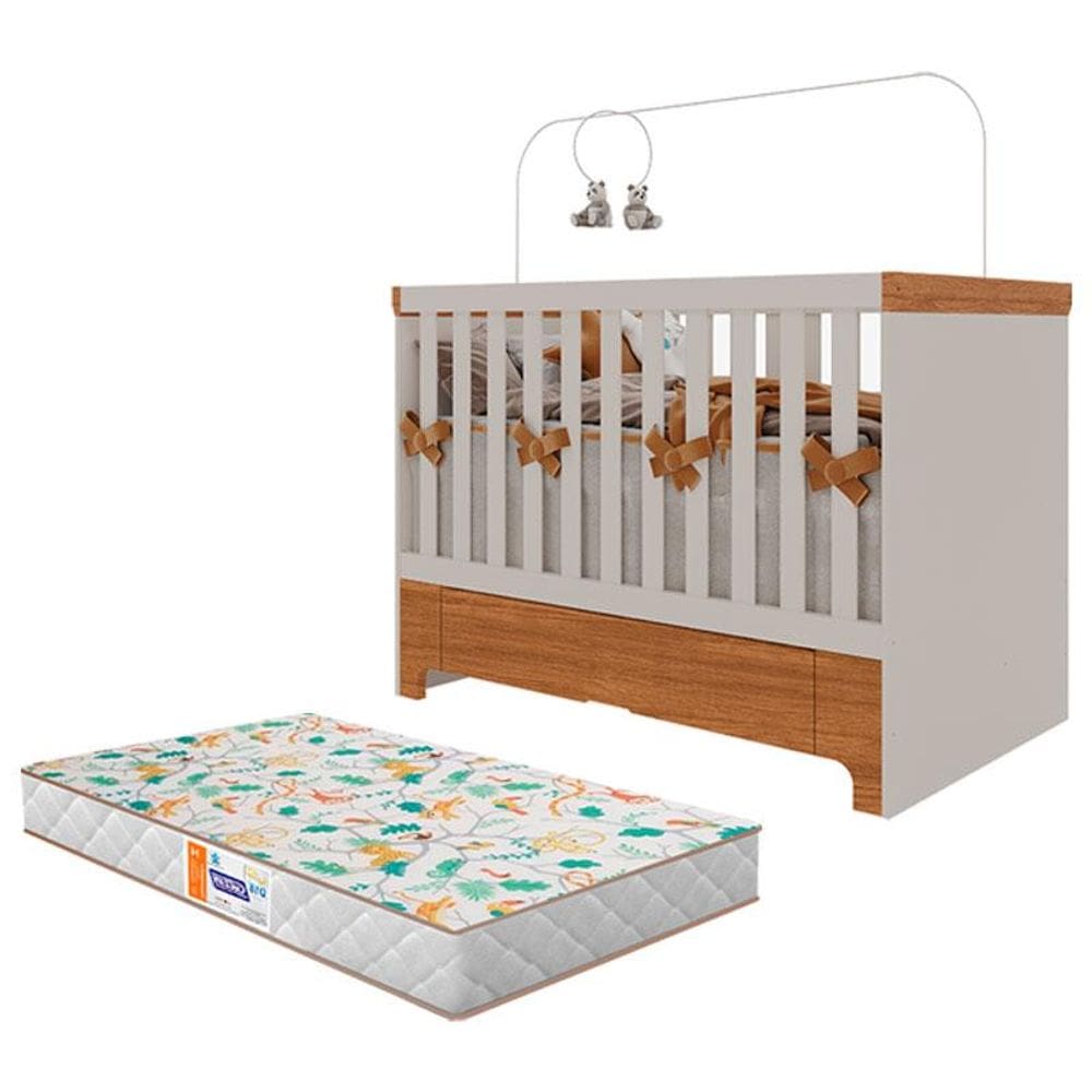 Berço Americano Mini Cama com Gaveta Antonella Off White Caramelo e Colchão Gazin – Canaã