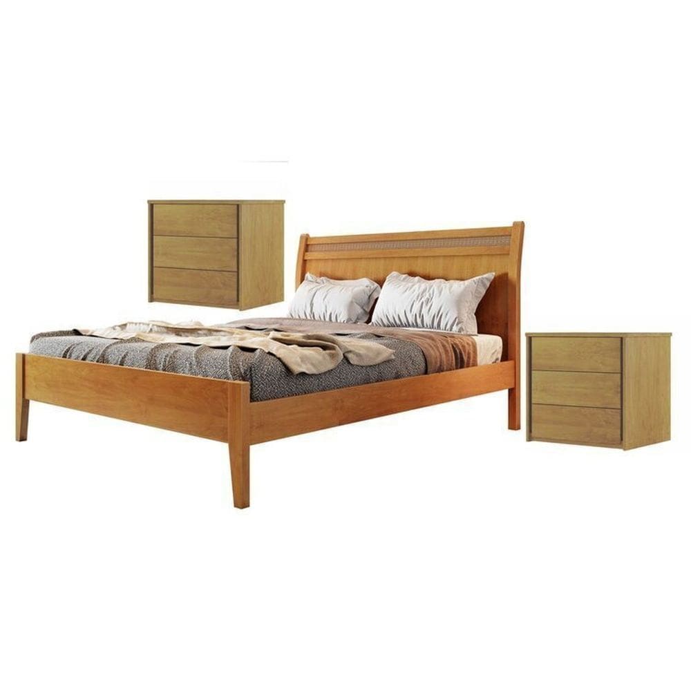 Conjunto Quarto de Casal Cama em Madeira Maciça Rattan e 2 Mesas de Cabeceira 3 Gavetas Unique Amêndoa Mel