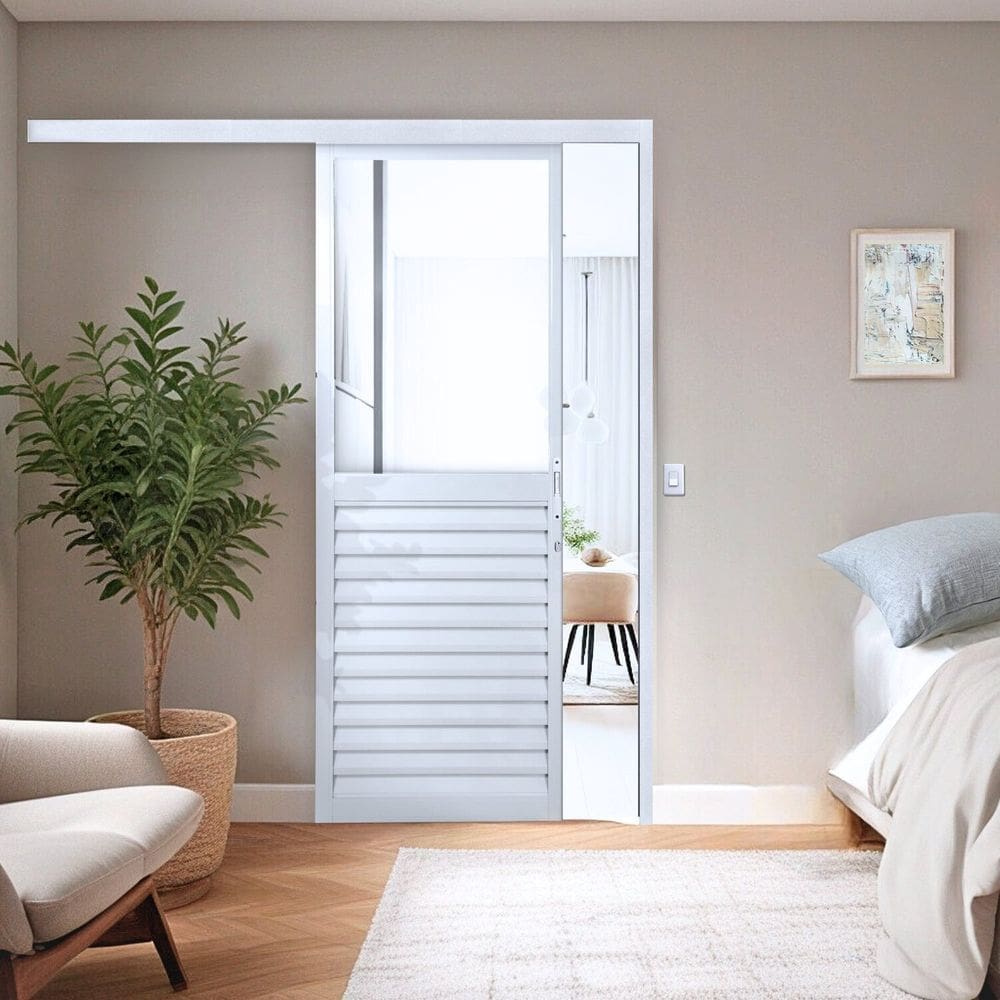 Porta de Correr Veneziana de Aluminio 215x80cm com Vidro Mini Boreal Branco