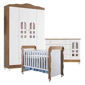 Quarto de Bebê New Selena 4 Portas com Cômoda Gran Selena e Berço Mirelle Branco Acetinado Amadeirado – Carolina Móveis