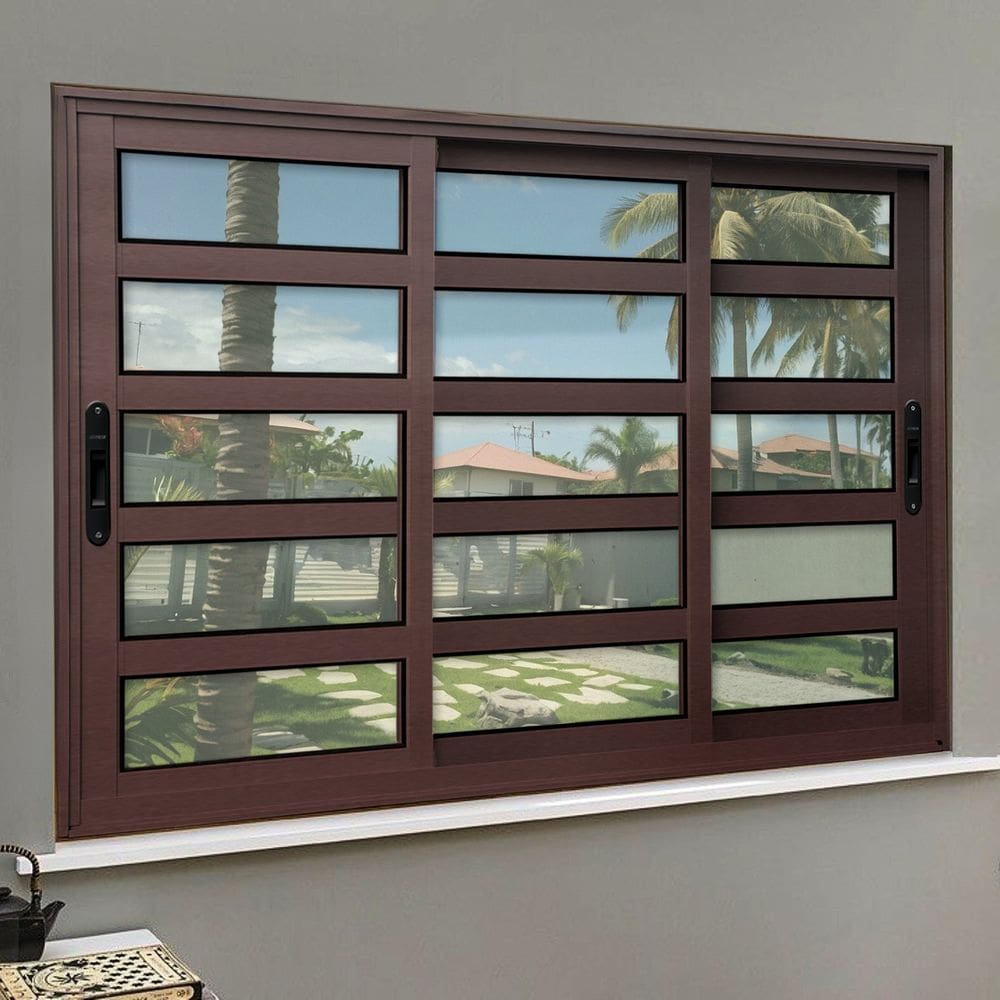 Janela Elite com Travessas 3 Folhas Moveis Sequenciais 100 X 200 Vidro Liso Corten