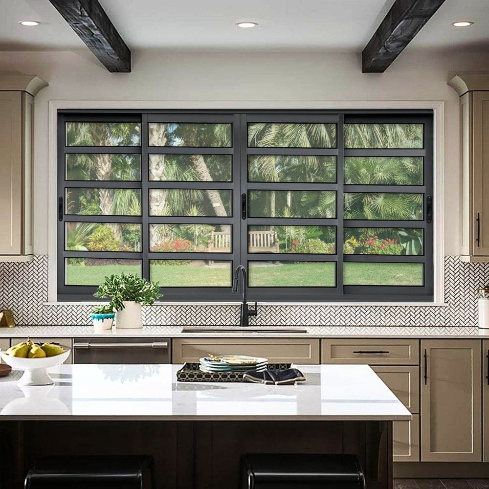Janela Elite com Travessas 4 Folhas Moveis 100 X 120 Vidro Liso Preto