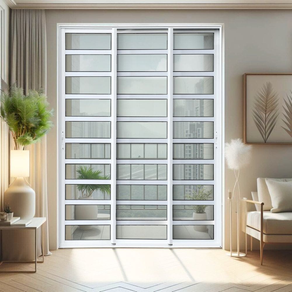 Porta de Correr com Travessas 3 Folhas Moveis Sequenciais 210 X 240 Elite com Fecho Automático Vidro Branco