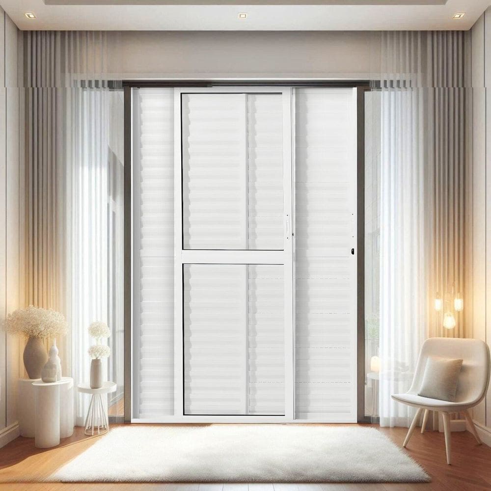 Porta Balção de Aluminio 210x120cm 2 Folhas Moveis e 1 Folha Fixa Branco