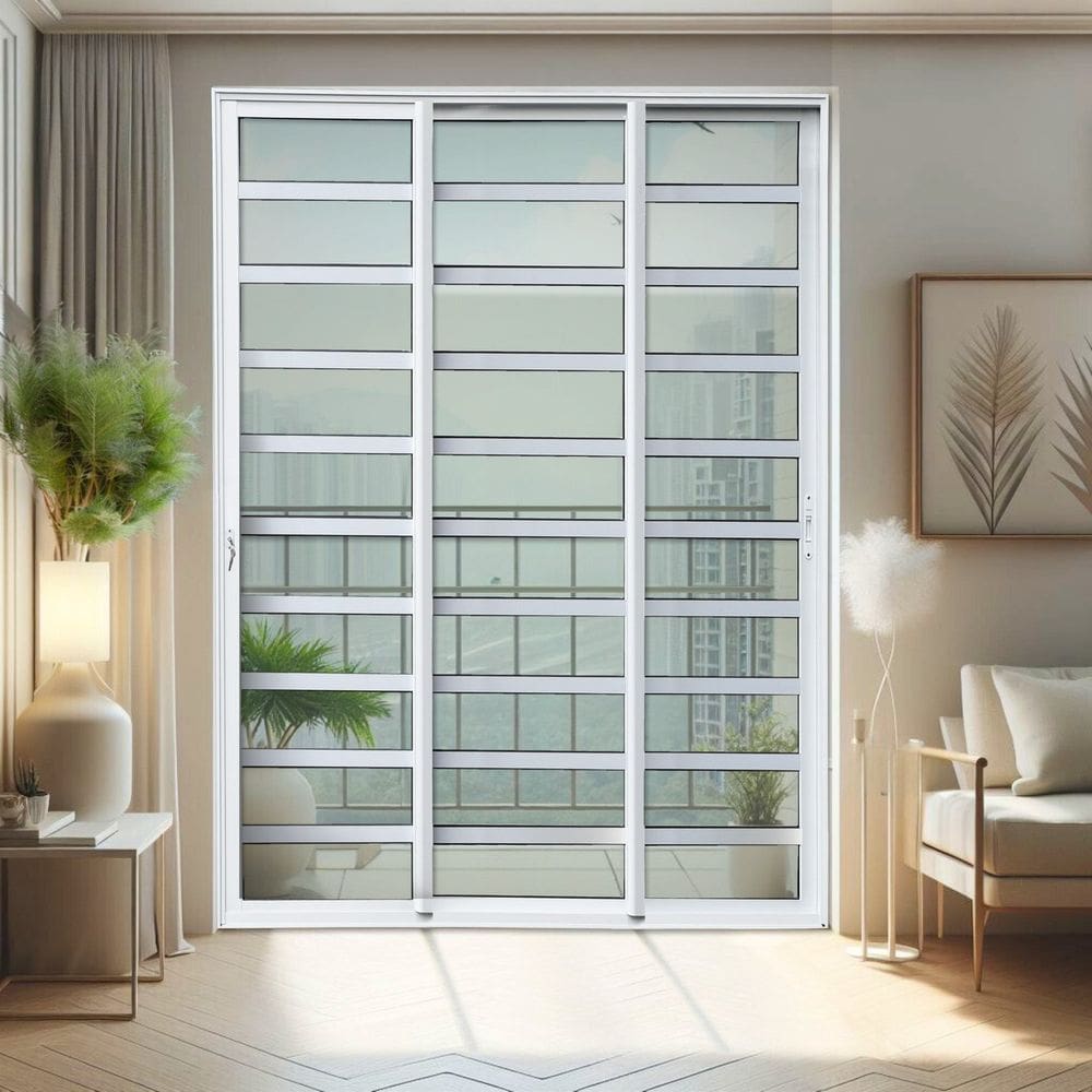 Porta de Correr com Travessas 3 Folhas Moveis Sequenciais 210 X 150 Elite com Fechadura Tetra Vidro Branco