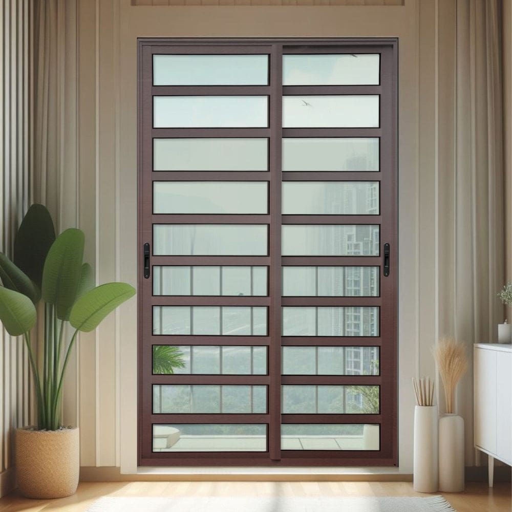 Porta de Correr com Travessas 2 Folhas Moveis 210 X 200 Elite com Fecho Automático Vidro Liso Corten