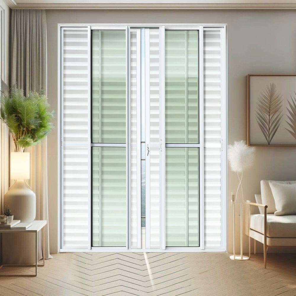 Porta de Correr Venez. 6 Folhas Moveis 210 X 240 Elite com Fechadura Tetra Vidro Liso Branco