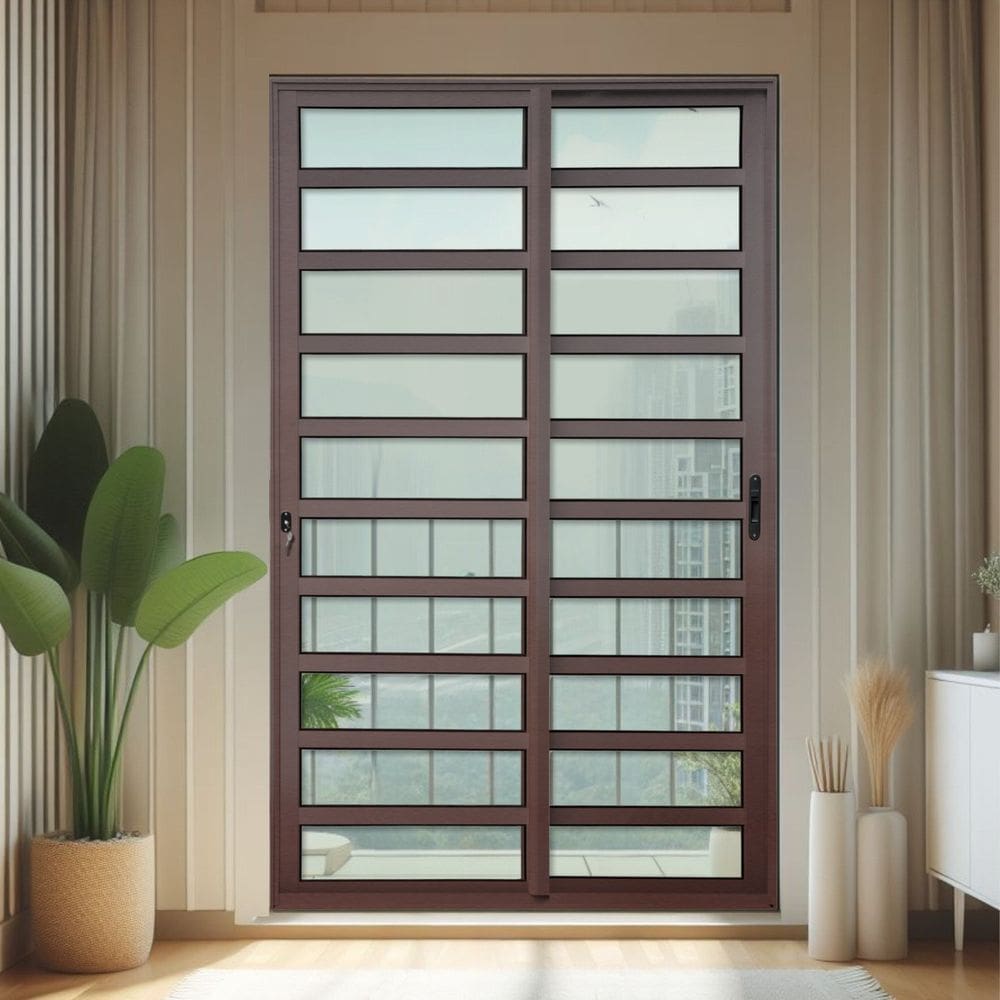 Porta de Correr com Travessas 2 Folhas Moveis 210 X 120 Elite com Fechadura Tetra Vidro Liso Corten