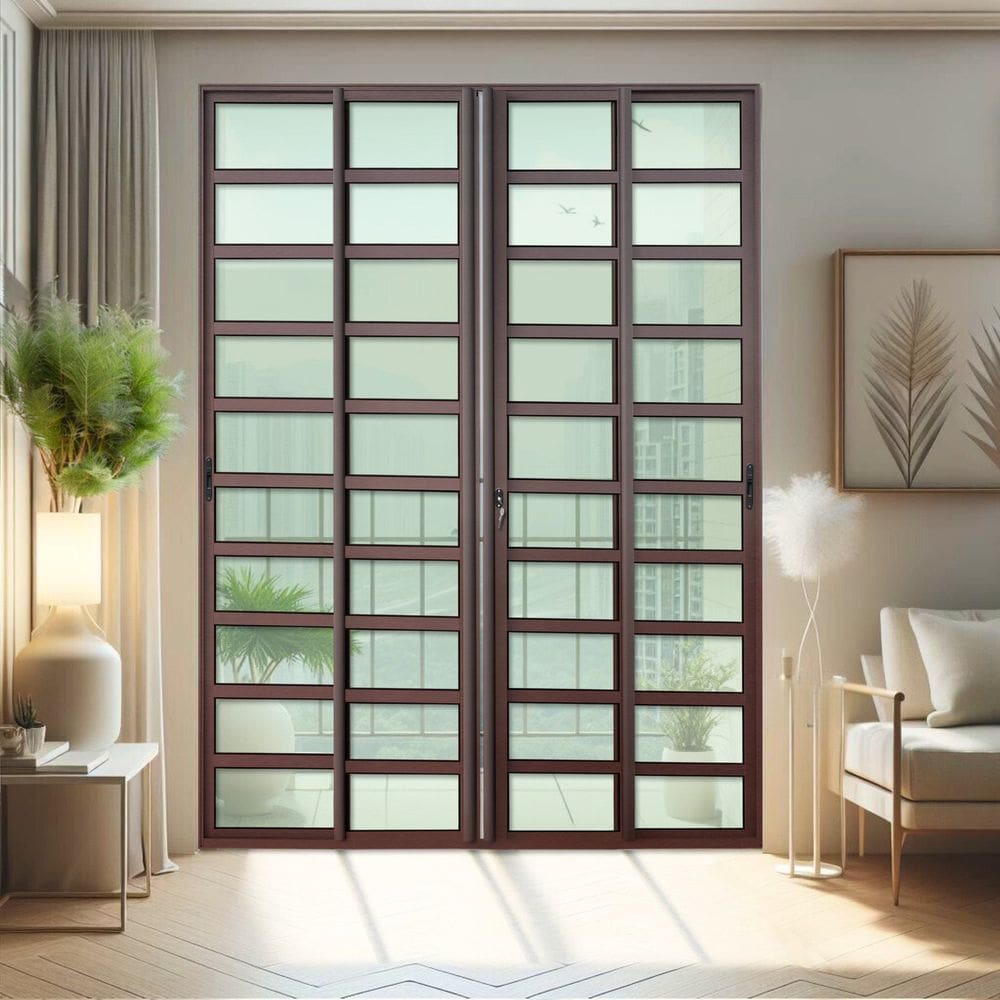 Porta de Correr com Travessas 4 Folhas Moveis 210 X 200 Elite com Fechadura Tetra Vidro Liso Corten