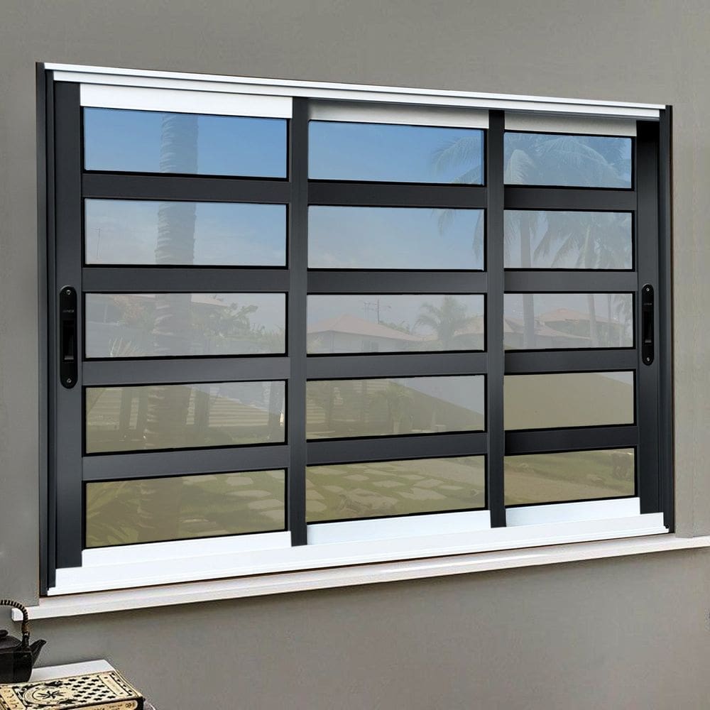 Janela Elite com Travessas 3 Folhas Moveis Sequenciais 120 X 150 Vidro Reflex Mix Preto