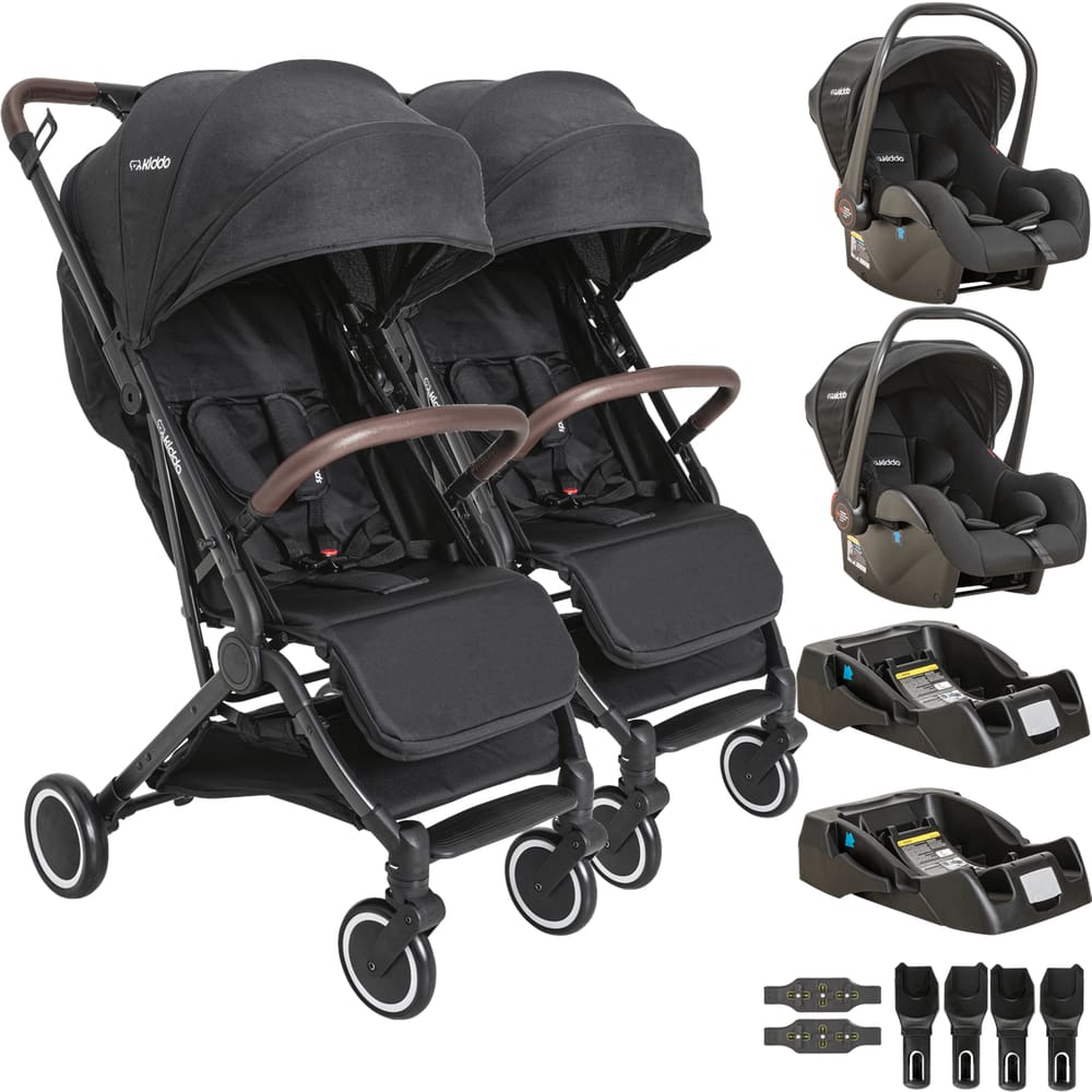 Carrinho Sprint Preto para Gemeos Kiddo 2 Bebe Conforto 2 Base