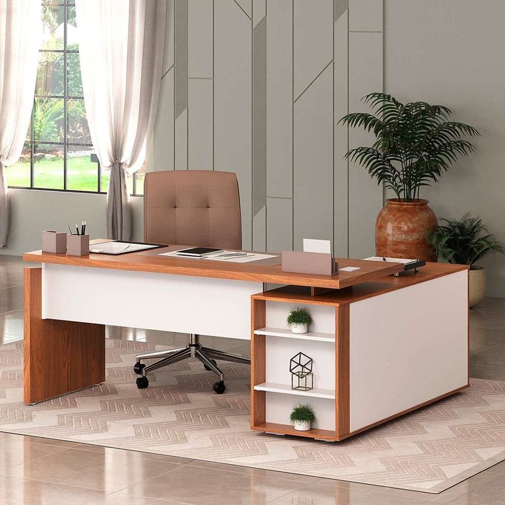 mesa de escritório em l connect ii 1 pt freijó e branca