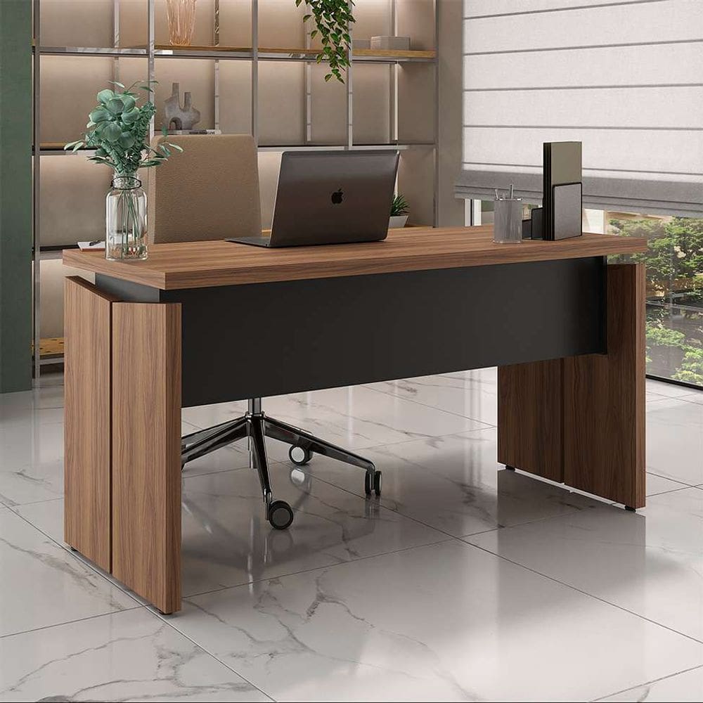 mesa de escritório lane nogal e preta 145 cm