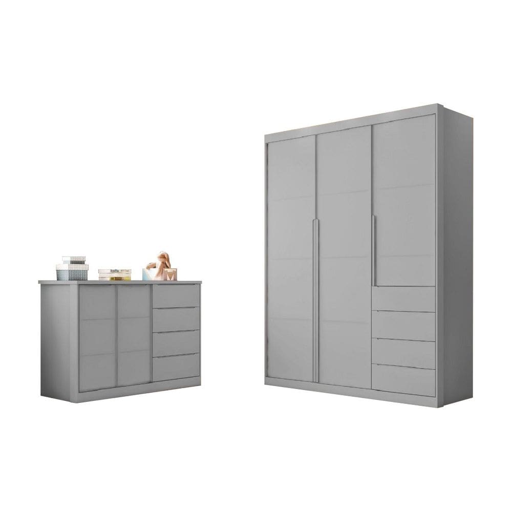 Quarto Infantil Bebê Pérola Cômoda e Guarda Roupa Cinza