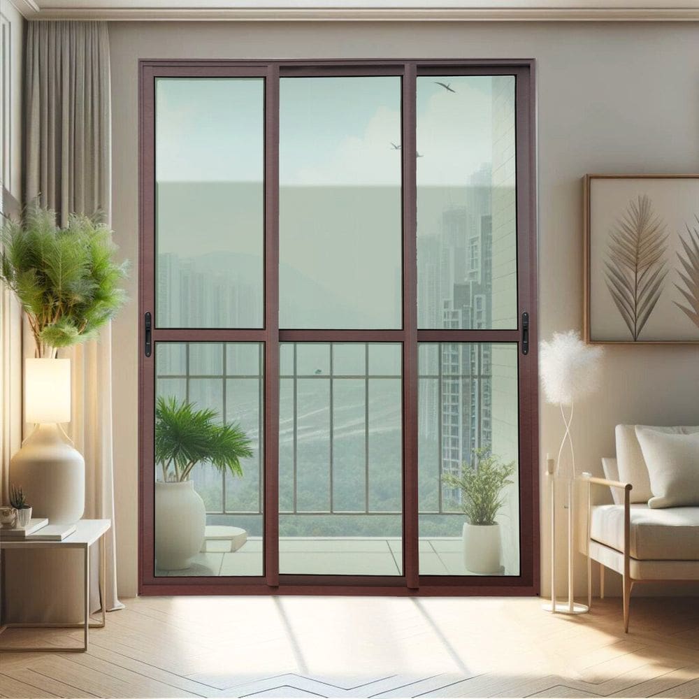 Porta de Correr 3 Folhas Moveis Sequenciais 210 X 150 Elite com Fecho Automático Vidro Liso Corten
