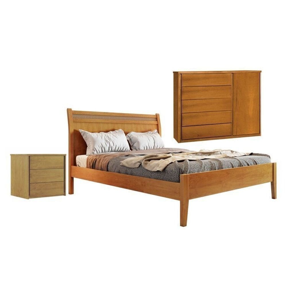 Conjunto Cama Casal 140cm Esmeralda, Cômoda 5 Gavetas Unique e Mesa de Cabeceira Unique Amêndoa Mel