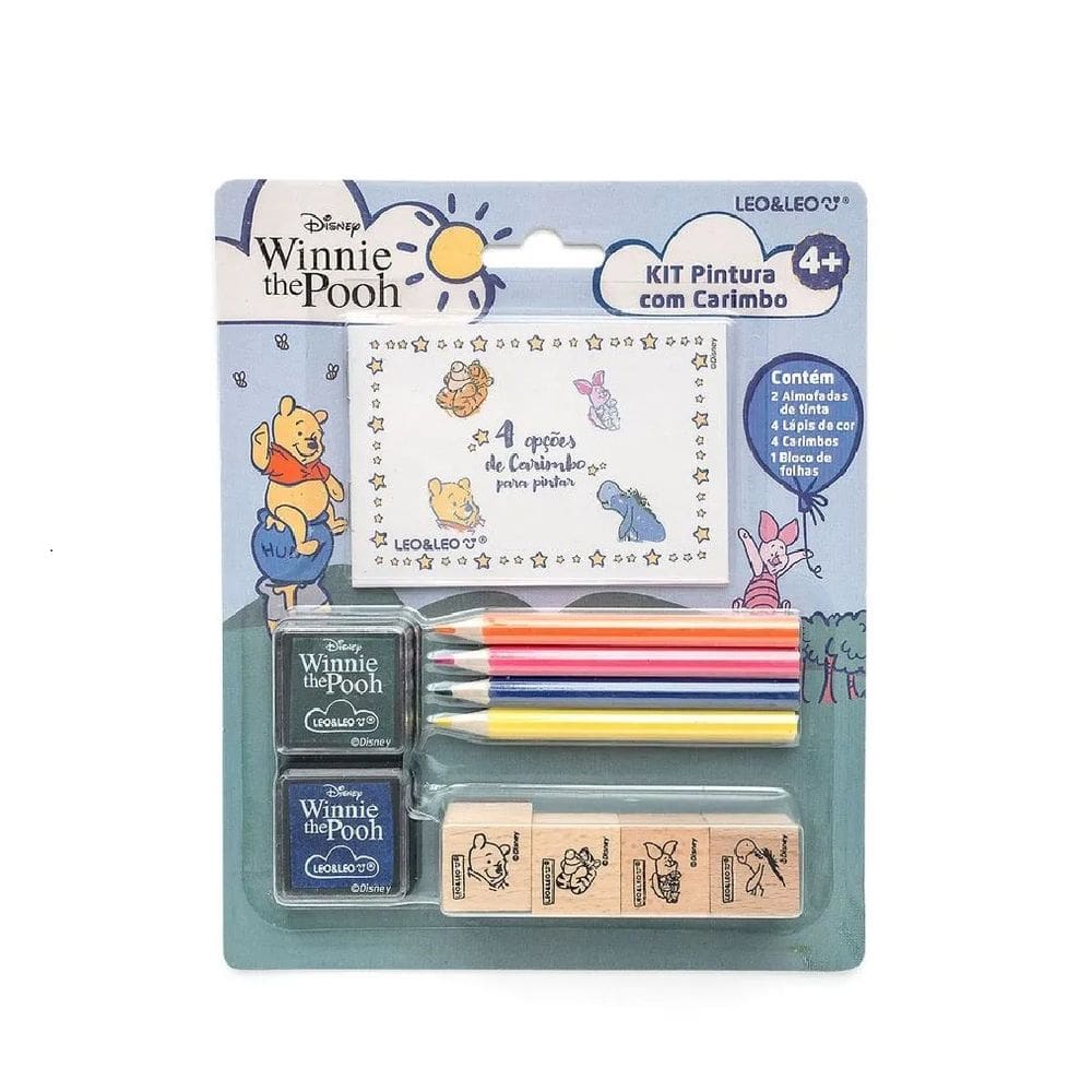 Kit de Pintura Infantil Ursinho Pooh c/ 4 Carimbos, 4 Lápis de Cor, 1 Bloco + 2 Almofadas de Tinta Leo&Leo