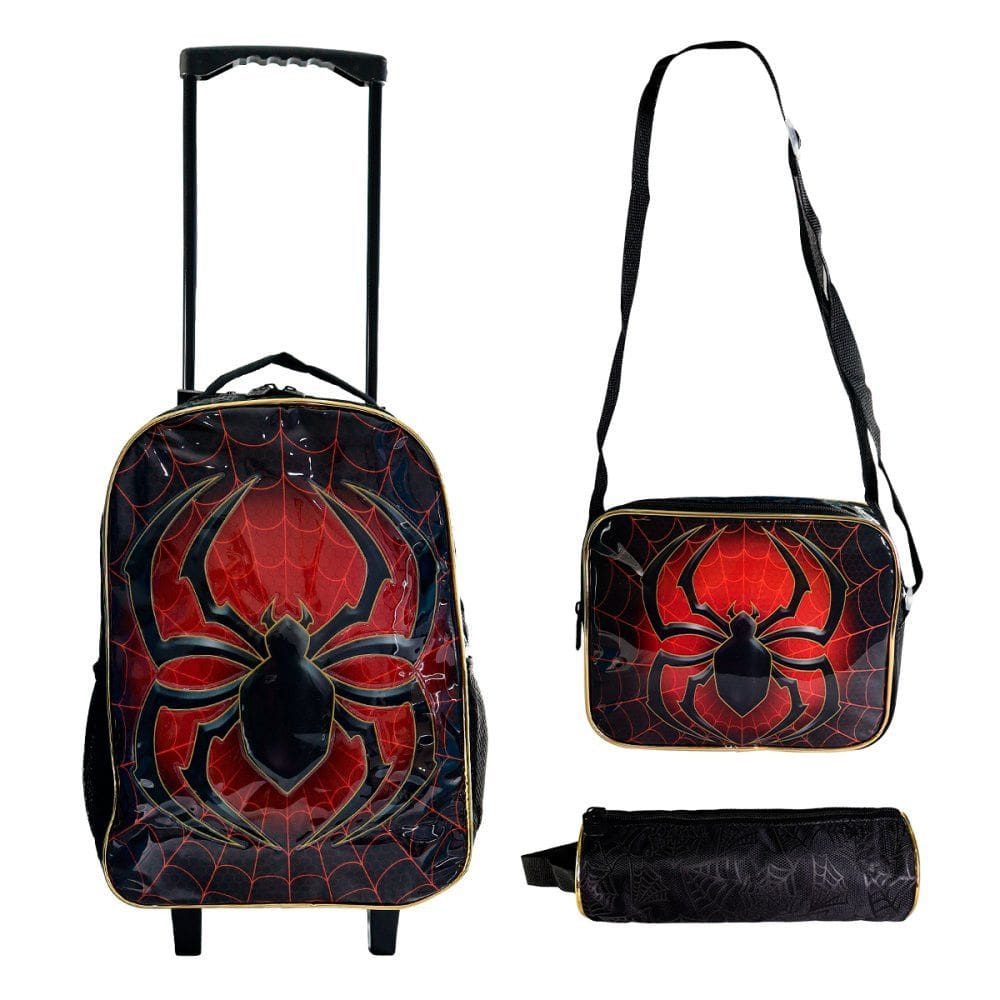 Kit Mochila Infantil Escolar 3pcs De Aranha Vermelho e Preto