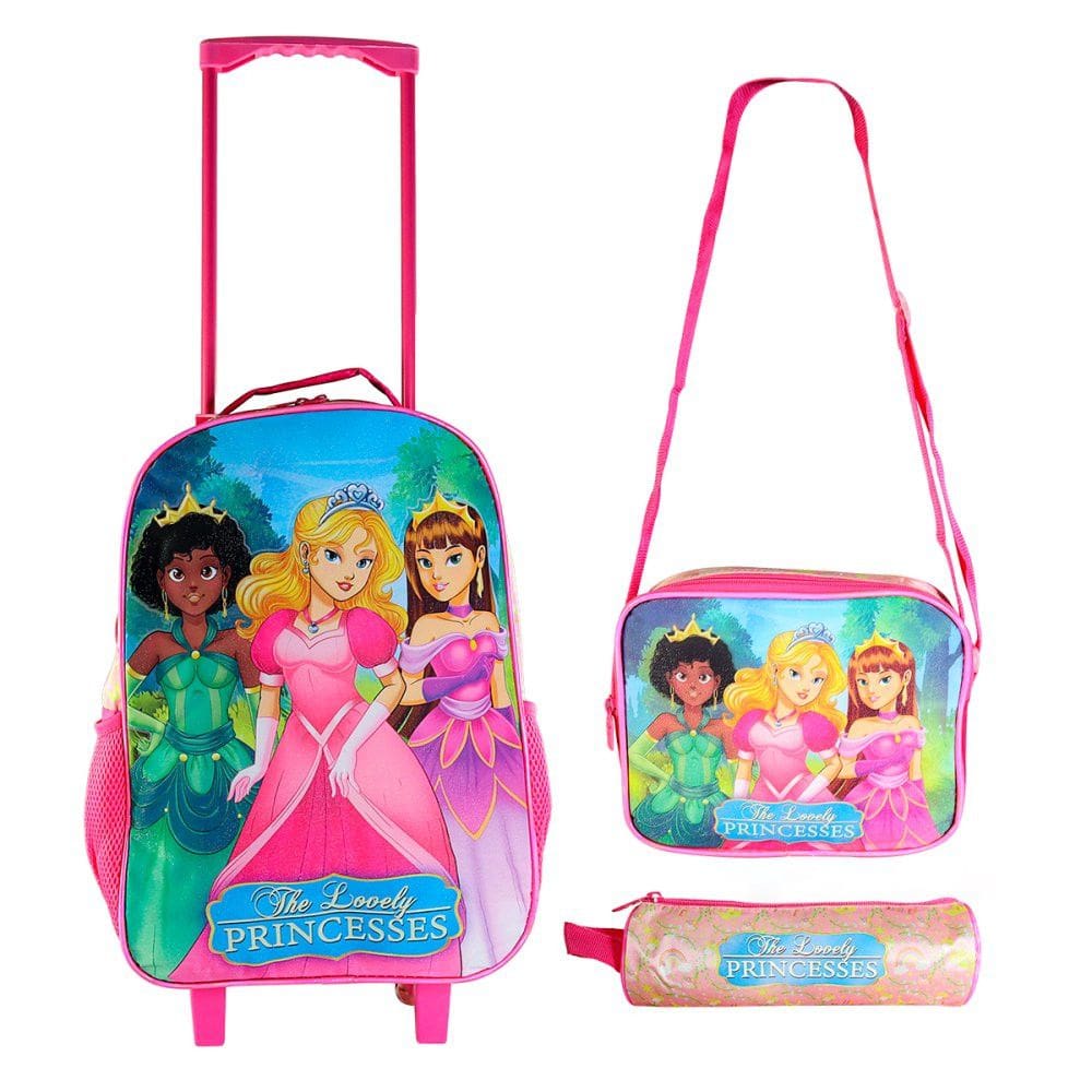 Kit Mochila Infantil Escolar com 3 peças Princesas Rodinhas