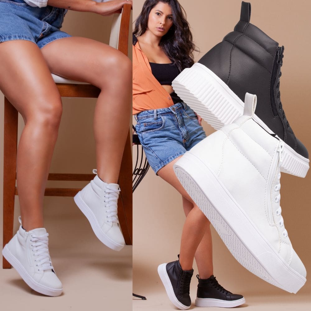 Dois Tênis Femininos De Cano Longo: Um Preto Pkataforma Clássico E Um Branco Elegante.