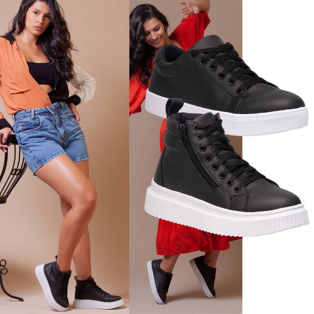 Tênis Feminino Preto + Coturno Plataforma Preto Dois Estilos Ousados Que Elevam Qualquer Look.