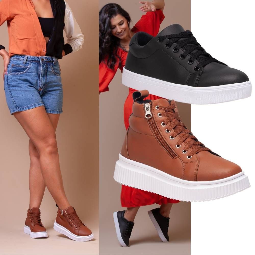 Kit Tênis Feminino Preto + Bota Plataforma Caramelo Elegante, Estilo Que Combina Casualidade.