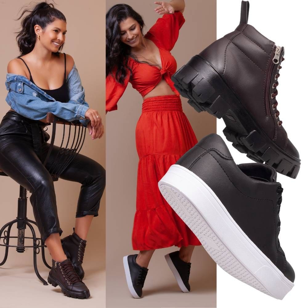 Kit Coturno Feminino Marrom + Tênis Feminino Preto - Leve Para Uma Coleção de Estilo E Conforto.