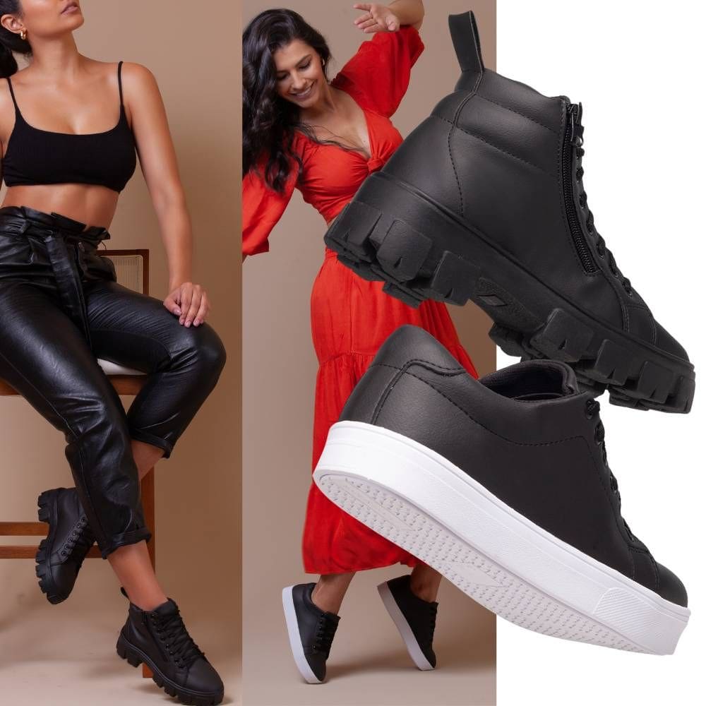 Kit Tênis E Bota Feminina Para Um Guarda-Roupa Versátil, 1 Coturno Preto + 1 Tenis Casual Preto.