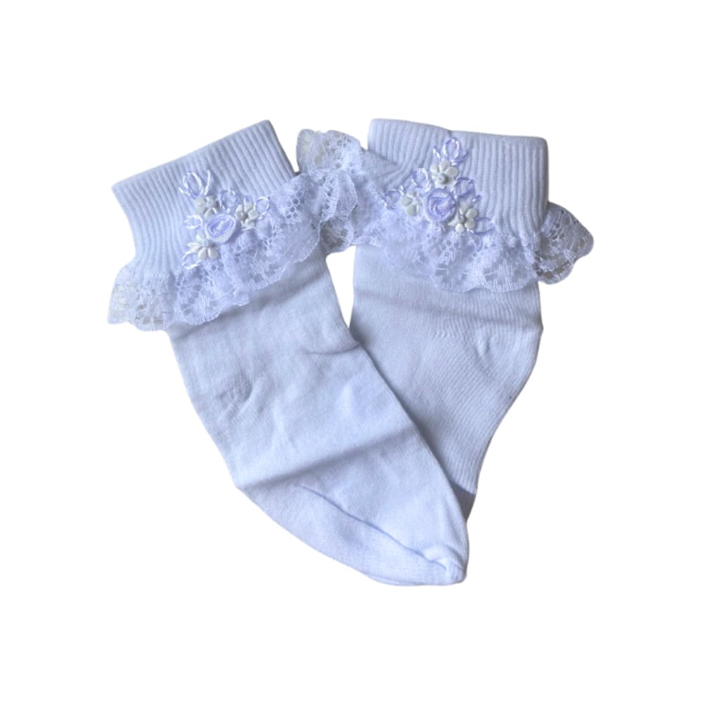 Meia Branca com Renda e Flores Brancas Brando (tam 17-20 e RN) mod 18