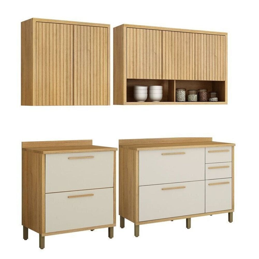 Conjunto de Cozinha 2 Armários Aéreo Ripado e 2 Balcões Torino Cinamomo/Off White