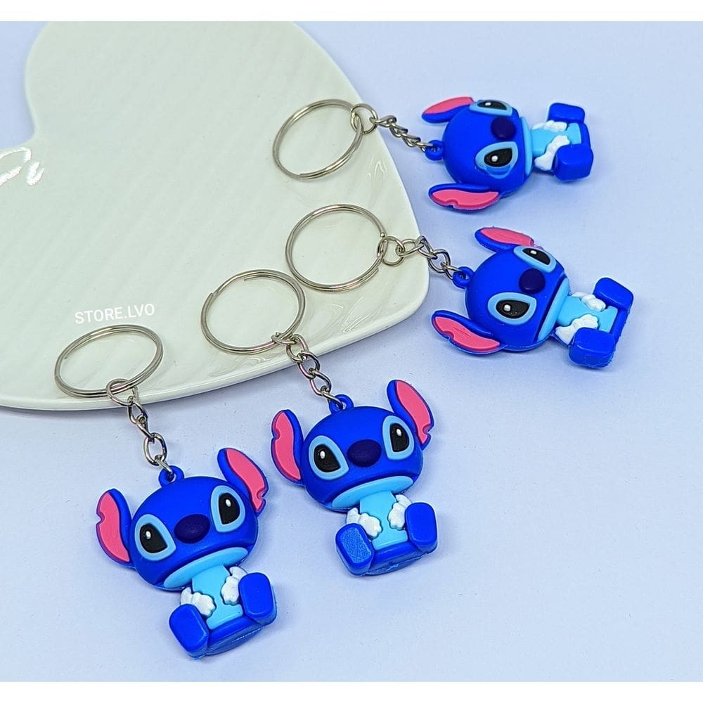 Chaveiro com Pingente Lilo Stitch 3D Azul Boneco Miniatura Emborrachado Porta Chaves Presente Lembrancinha Chaveiros