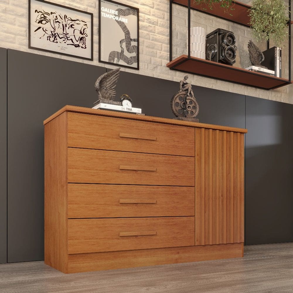 Cômoda para Quarto Ripada 1 Portas 4 Gavetas - Barcelona-Cinamomo - Tcil Móveis