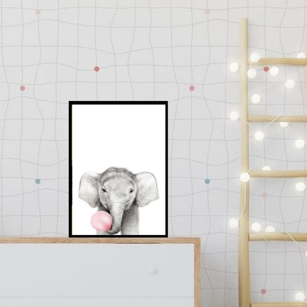 Quadro Elefantinho Chiclete Rosa 24X18Cm - Com Vidro