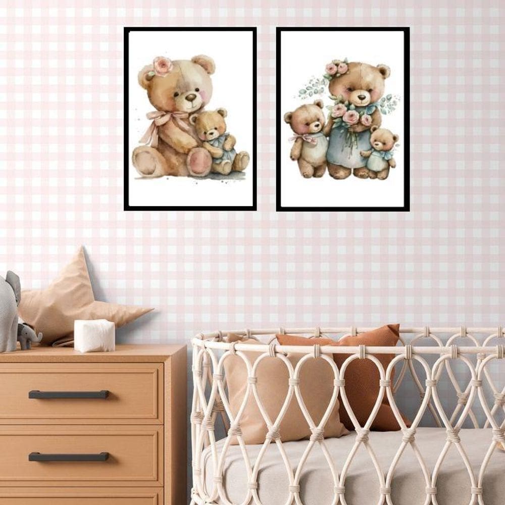 Kit 2 Quadros Quarto Bebê Ursinha Vintage 24X18Cm