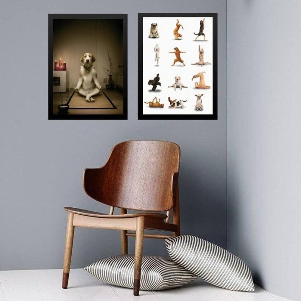 Kit 2 Quadros Meditação Yoga - Dogs 33X24Cm