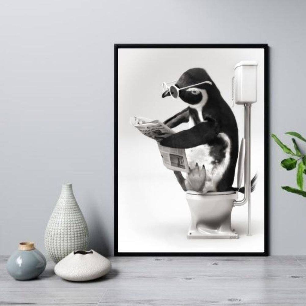 Quadro Para Banheiro Pinguim No Vaso 45X34Cm