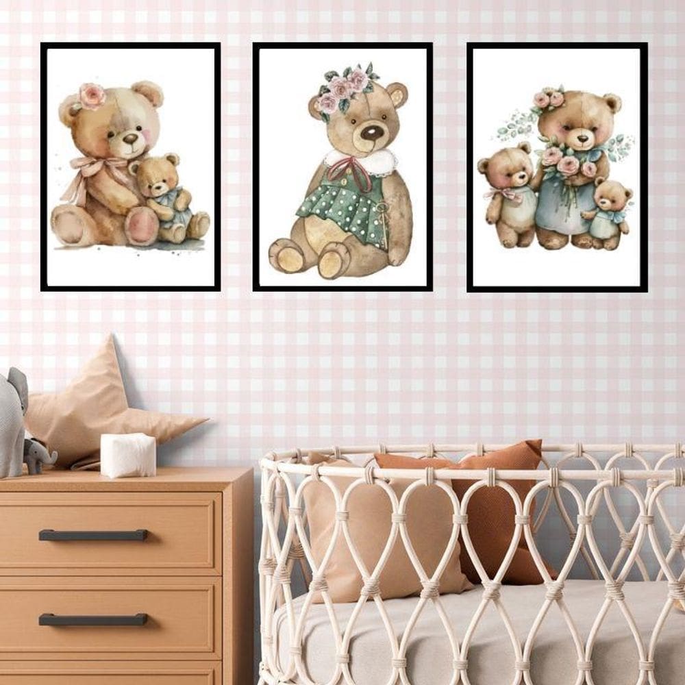 Kit 3 Quadros Quarto Bebê - Ursinha Vintage 33X24Cm - Vidro