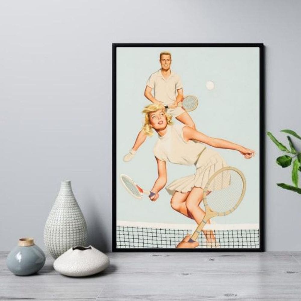 Quadro Vintage Casal Jogando Tênis 45X34Cm - Com Vidro