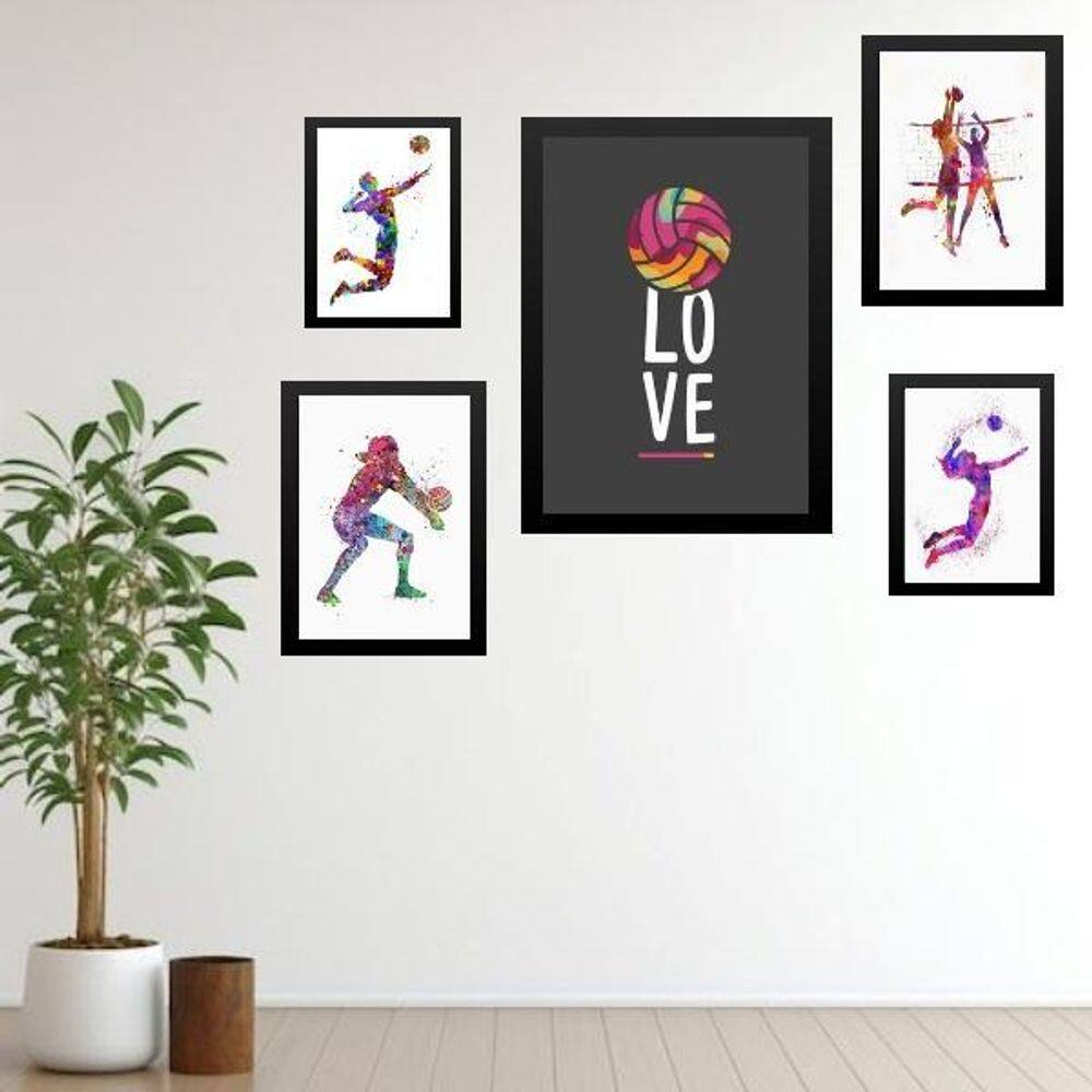 Kit 5 Quadros Decorativos Vôlei - Love - Com Vidro