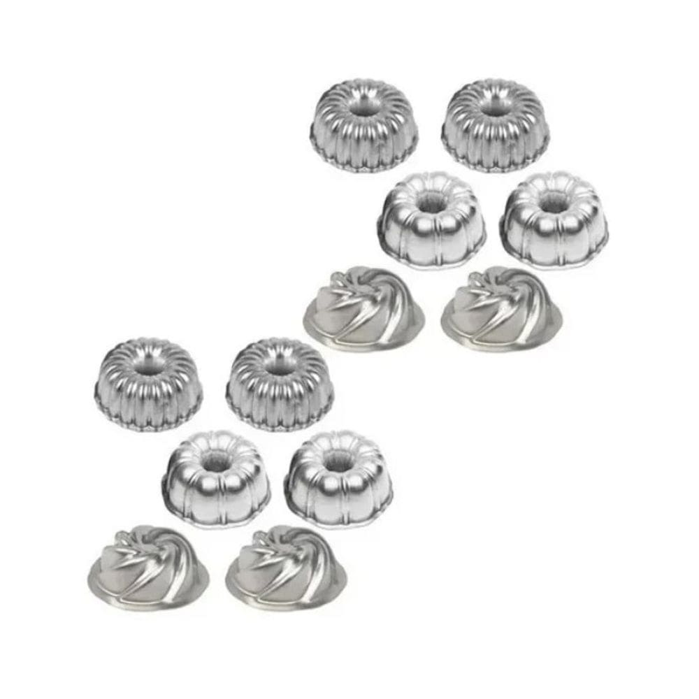 Kit 12 Peças Mini Forma Bolo Vulcão Pudim Torta Suíça Decorada (4 Suíça 1 + 4 Suíça 2 + 4 Espiral)