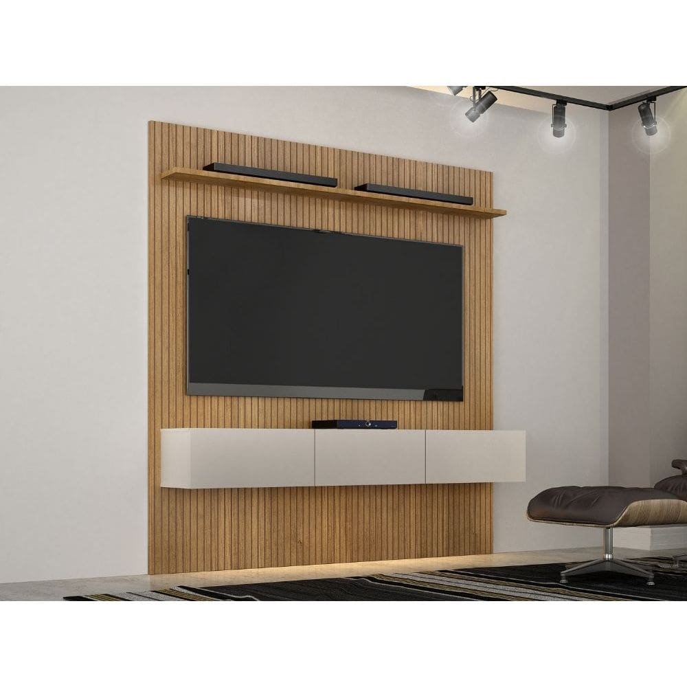 Painel Ripado com Bancada 1.79 mt para Tv 70" Curitiba - Cinamomo/Off White