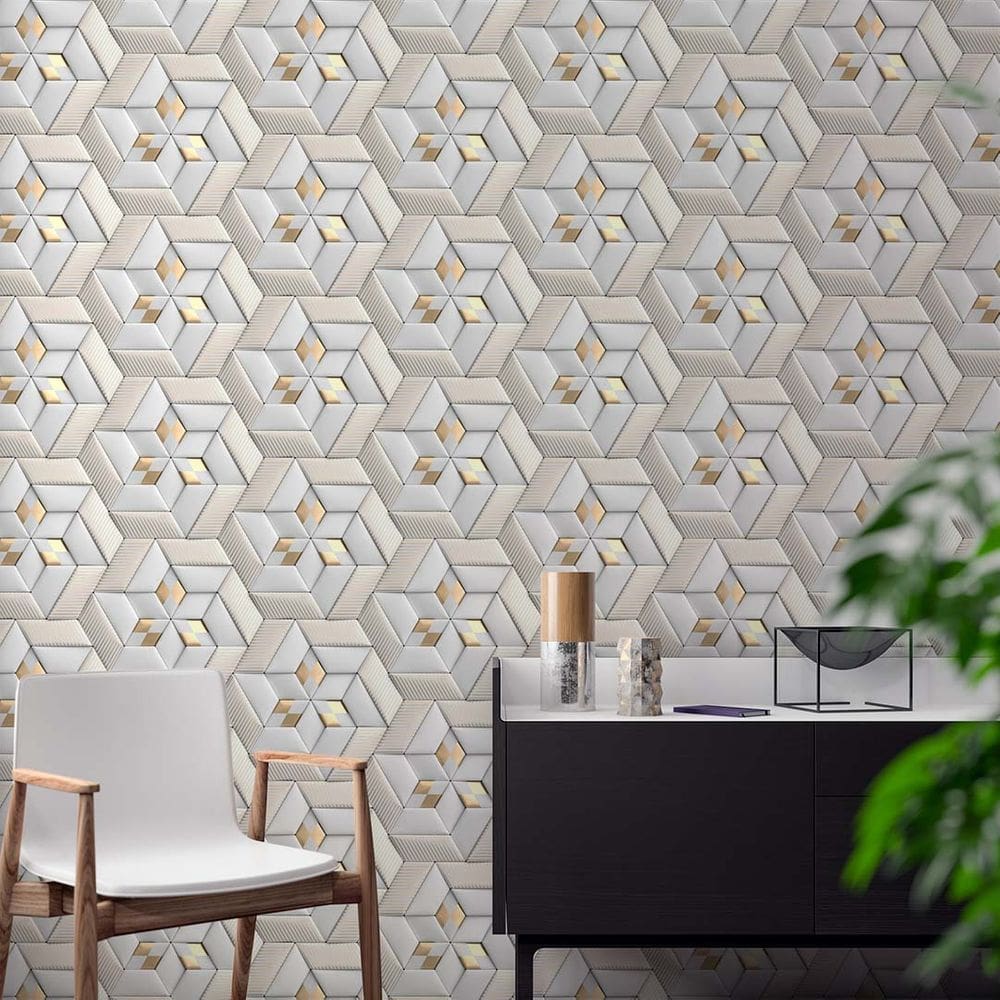 Papel De Parede Geométrico Dourado Efeito Couro Acinzentado 3D