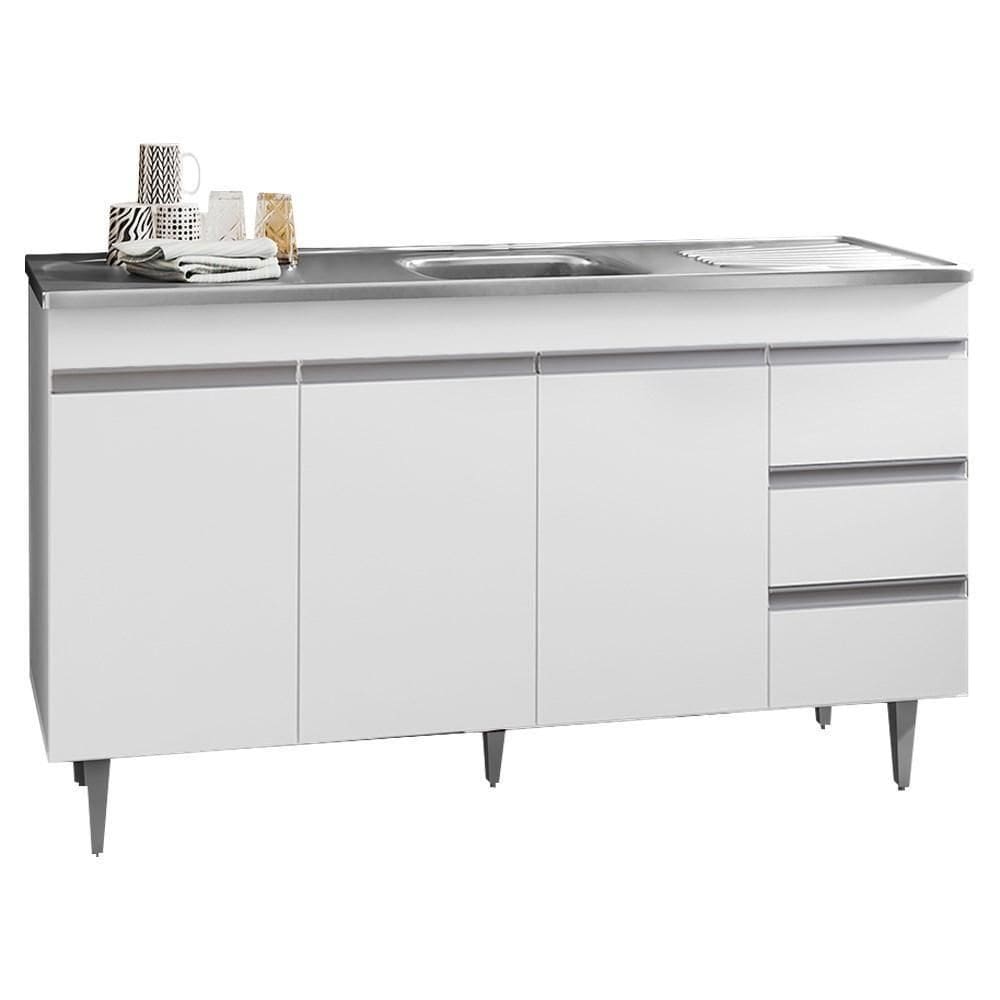 Balcão Gabinete Com Pia Inox 150Cm 3 Portas Andréia Branco