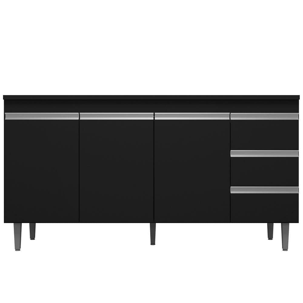Balcão Gabinete Cozinha 160Cm Com Tampo 3 Portas Preto