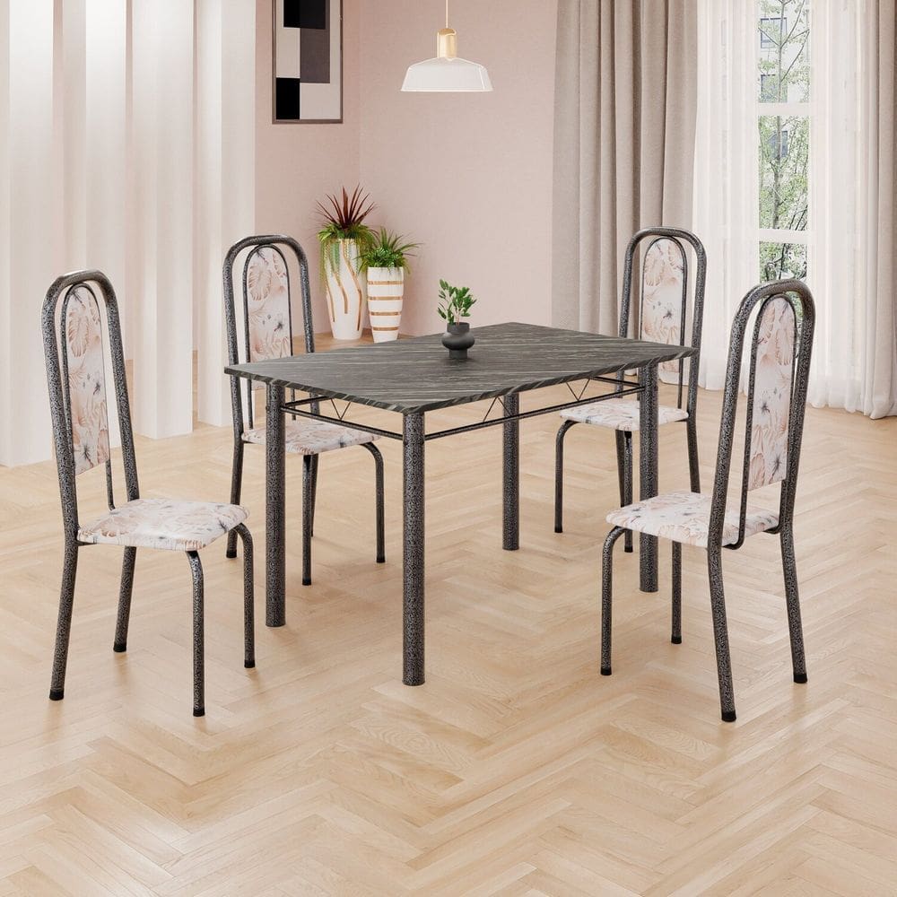 Conjunto de Mesa Retangular a 120x75cm Tampo Ardósia Indiano 4 Cadeiras Lavínea Botanic Bege / Mart Prata